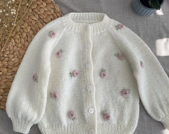 Hand knit baby cardigan, Embroidered roses knitwear, Kids clothing, Cosy flowers jacket, Knit sweater, merino wool, Vintage knit,