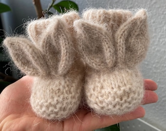 Hand knitted baby bunny booties, Baby bunny socks, Baby shoes, Baby alpaca knits, Baby slippers