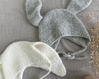 Alpaca Blend Baby Bunny Bonnet – Cream Knit Hat With Fur Pom  display picture 1
