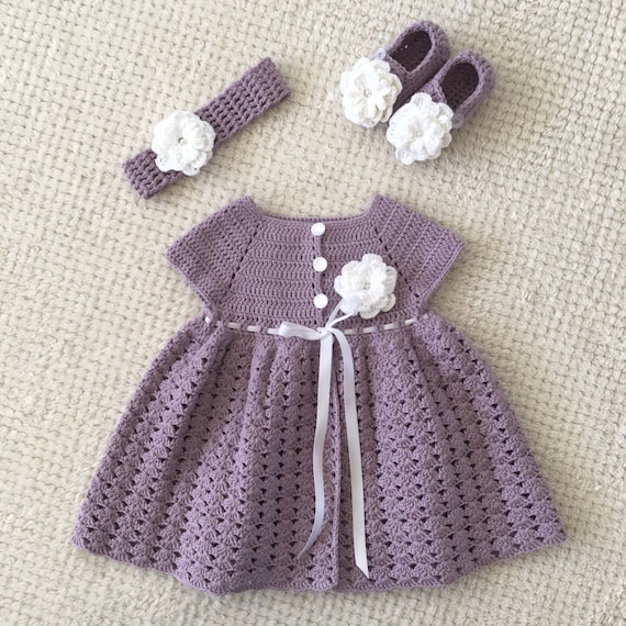 Vestido de bebé morado a crochet, diadema, zapatos, algodón