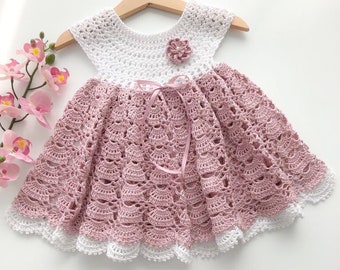 Crochet Baby Girl Dress, Round Neck White and Pink Dress for a Baby Girl, Gift set for Baby Shower, Lace dress