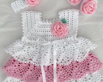 Crochet Baby Dress Set with Headband and Crochet Shoes, Pink and White Crochets for Baby Girl, Gift Set for Baby Shower, Baby girl, Vintage