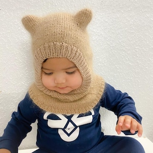Merino Wool Toddler Baby Balaclava with Bear Ears, Hand Knitted Head and Neck Warmer, Knitted Baby Clothes