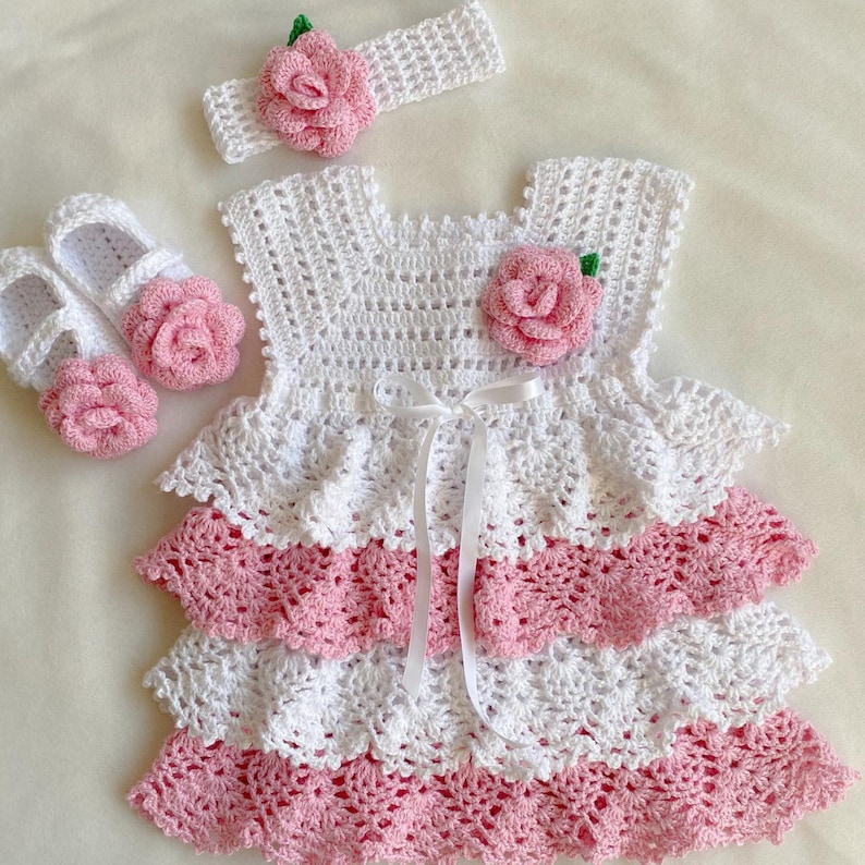 Crochet Baby Dress Set With Headband and Crochet Shoes, Pink and White ...