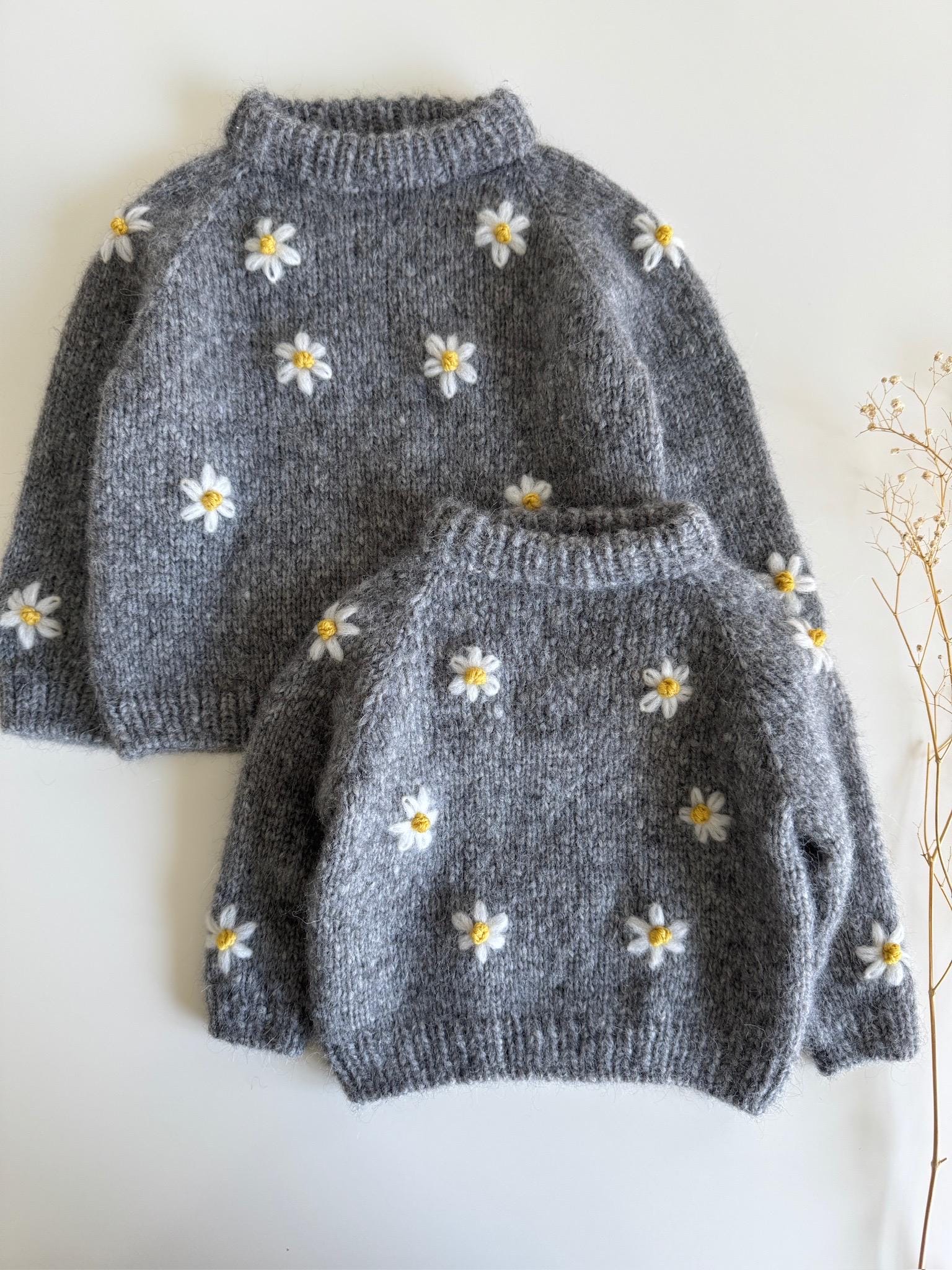 Hand Knitted Daisy Pullover Sweater, Soft Alpaca Wool Kids Knitwear