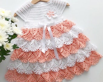 Crochet Baby Dress, Peach and White Dress for a Baby Girl, Gift for Baby Shower, Hand crocheted baby dress, Baby girl outfit idea, Layered