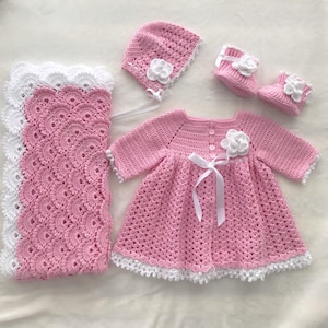 Crochet pink baby dress, baby blanket, baby bonnet, baby booties