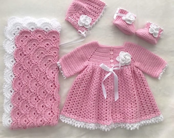 Crochet pink baby dress, baby blanket, baby bonnet, baby booties