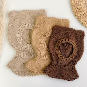 Bear Balaclava Ears Merino Wool Hat Sand Melange