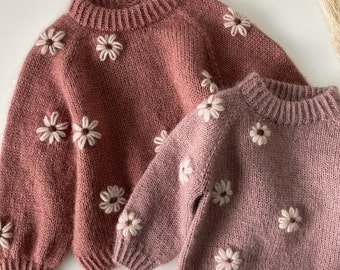 Daisy Pullover / Jersey de niña de punto / Daisy bordado I Tejido bordado para niños I Suéter de bebé de punto