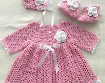 Crochet Baby Dress Set With Headband and Crochet Shoes Pink | Etsy