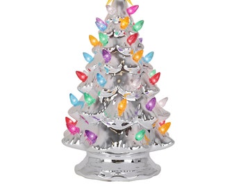Ceramic Christmas Tree - Tabletop Christmas Tree with Lights - (11.5" Medium Pearl Silver Christmas Tree/Multicolored Lights)