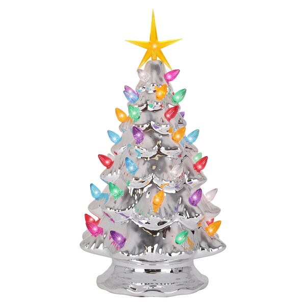 Ceramic Christmas Tree - Tabletop Christmas Tree with Lights - (11.5" Medium Pearl Silver Christmas Tree/Multicolored Lights)