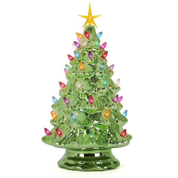 Ceramic Christmas Tree - Tabletop Christmas Tree with Lights - (15.5" Large Olive Christmas Tree/Multicolored Lights)