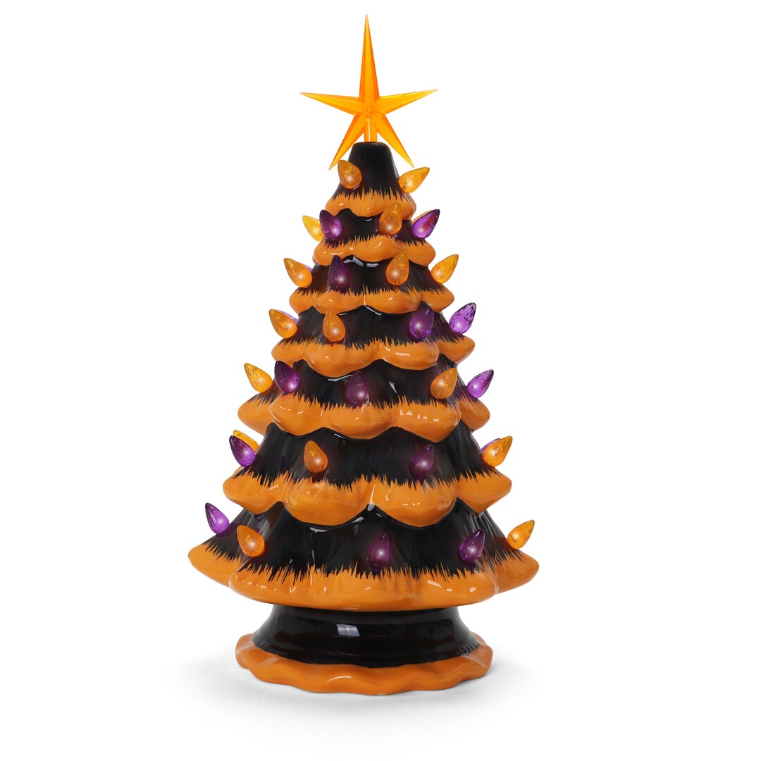 Black Halloween Tree With Orange Lights 