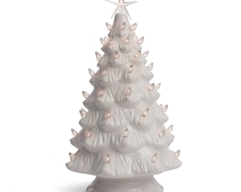 Ceramic Christmas Tree - Tabletop Christmas Tree with Lights - (15.5" Large White Christmas Tree/White Lights)