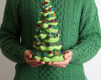 Ceramic Christmas Tree - Tabletop Christmas Tree with Lights - (13" Green Christmas Tree/Multicolored Lights) - Lighted Vintage Ceramic Tree