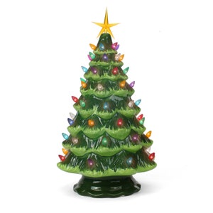 Ceramic Christmas Tree - Tabletop Christmas Tree with Lights - (15.5" Large Green Christmas Tree/Multicolored Lights)