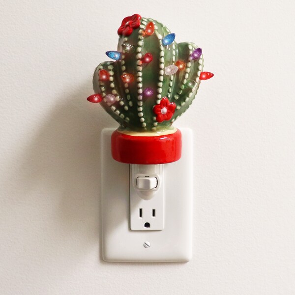 Ceramic Christmas Tree Night Light - Plugin Christmas Tree with Lights - Lighted Vintage Ceramic Tree - Mini Christmas Night Light (Cactus)