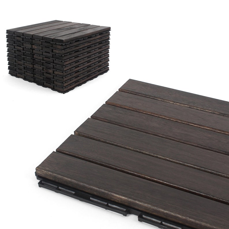 Deck Tiles Patio Pavers Acacia Wood Outdoor Flooring Interlocking 12 X12 Ebony Finish Straight Pattern Decking