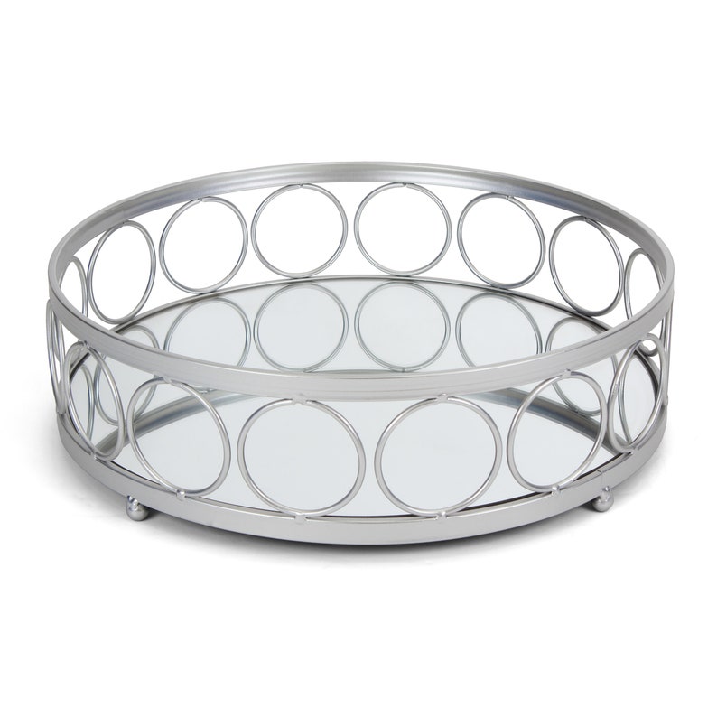 Medium Ottoman Trays Silver Mirror Tray Decorative Round Metal Ornate Coffee Table Serving Designer