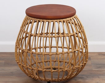 Rattan Wood Top Table - Enderly Side Tables - End Tables Living Room and Bedroom - Boho Nightstand - Round End Table with Wood Top Bohemian
