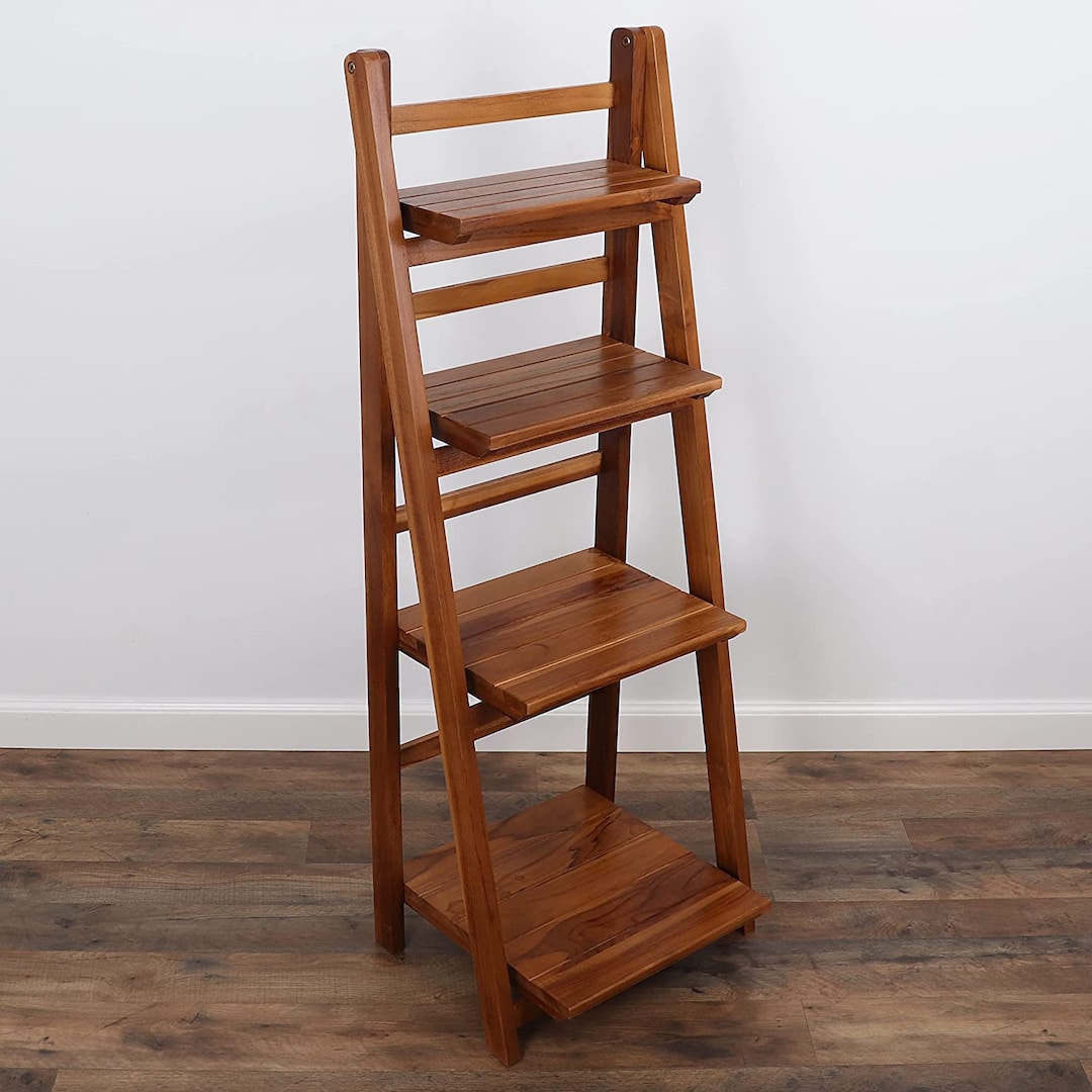Teak Ladder Shelf Wooden Ladder Bookshelf Leaning Bookshelf Rustic