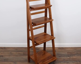 Teak Ladder Shelf - Wooden Ladder Bookshelf - Leaning Bookshelf - Rustic Bookcase - Folding Bookcase - Boho Furniture