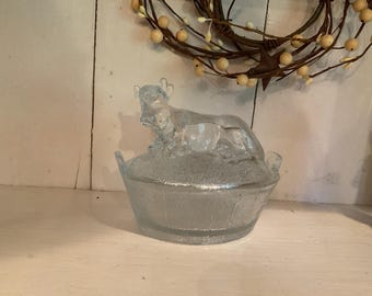 Cow On A Nest Clear Glass Candy~Trinket Dish