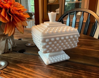 Fenton Milk Glass Lidded Pedestal Candy Dish W/Hobnail Pattern