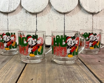 Disney Santa Mickey Mouse~Christmas~Holiday Glass Mugs~Set of 4