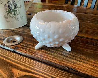 Milk Glass Fenton Hobnail Footed Candy Dish W/Scalloped Edge Rim~3 Legged Bowl