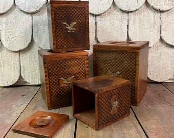 Vintage Wooden Nesting Canister Set W/Brass Eagle Emblems~Set of 4