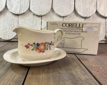 Corelle by Corning Decorated Gravy Boat with Saucer “Abundance”~Box~1990s