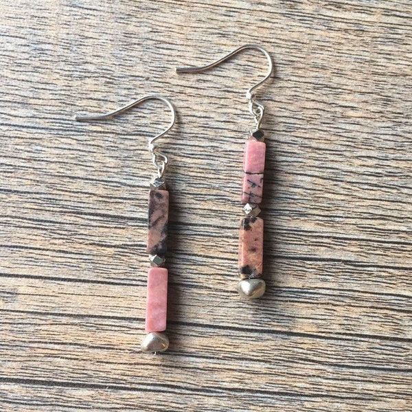 Pink & Black, Rhodonite Stone and Stainless Beaded Dangle Earrings // Rectangle Long Earrings // Gifts for Her // Christmas Gift