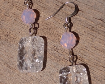 Clear & Pink Glass Dangle Earrings // Maid of Honor Bridesmaid Gift // Handmade // Christmas Gift