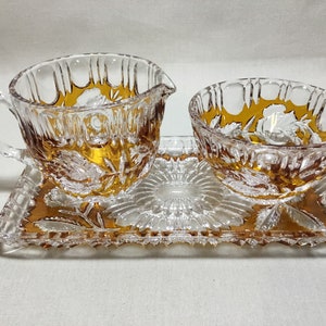 Vintage Walther German glass creamer and sugar set with serving tray