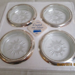 Leonard Silver Co. 4 Piece Crystal and Silverplate Coaster Set 1980 Italy