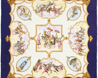 エルメス スカーフ "Les Chevaux des Moghols" by Jean De Fougerolle ヴィンテージ 90 cm シルク |カレ・フーラール