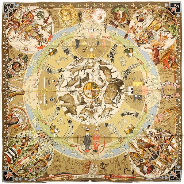 Hermes Scarf "Mythologies des Hommes Rouges" by Kermit Oliver 90cm Silk | GRAIL Carre Foulard