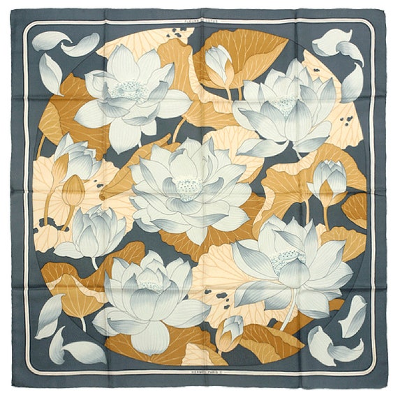 Hermes Scarf Fleurs De Lotus By Christiane Vauzelles 90cm Silk Carre Foulard