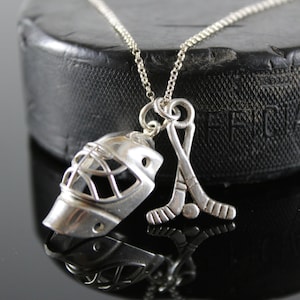 Sterling Silver Goalie Hockey Helmet and Sticks Necklace, Hockey Goalie Mask, Ice Hockey jewelry, Silver chain