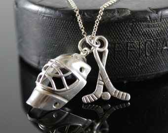 Collar con casco y palos de hockey de plata esterlina, máscara de portero de hockey, joyas de hockey sobre hielo, cadena de plata