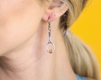 Tennis Racket Earrings, Gold, Natural Citrine in 14K Gold Setting, Tennis Dangle Earrings, Gift for ger, Handmade gift, Tennis Player Gift