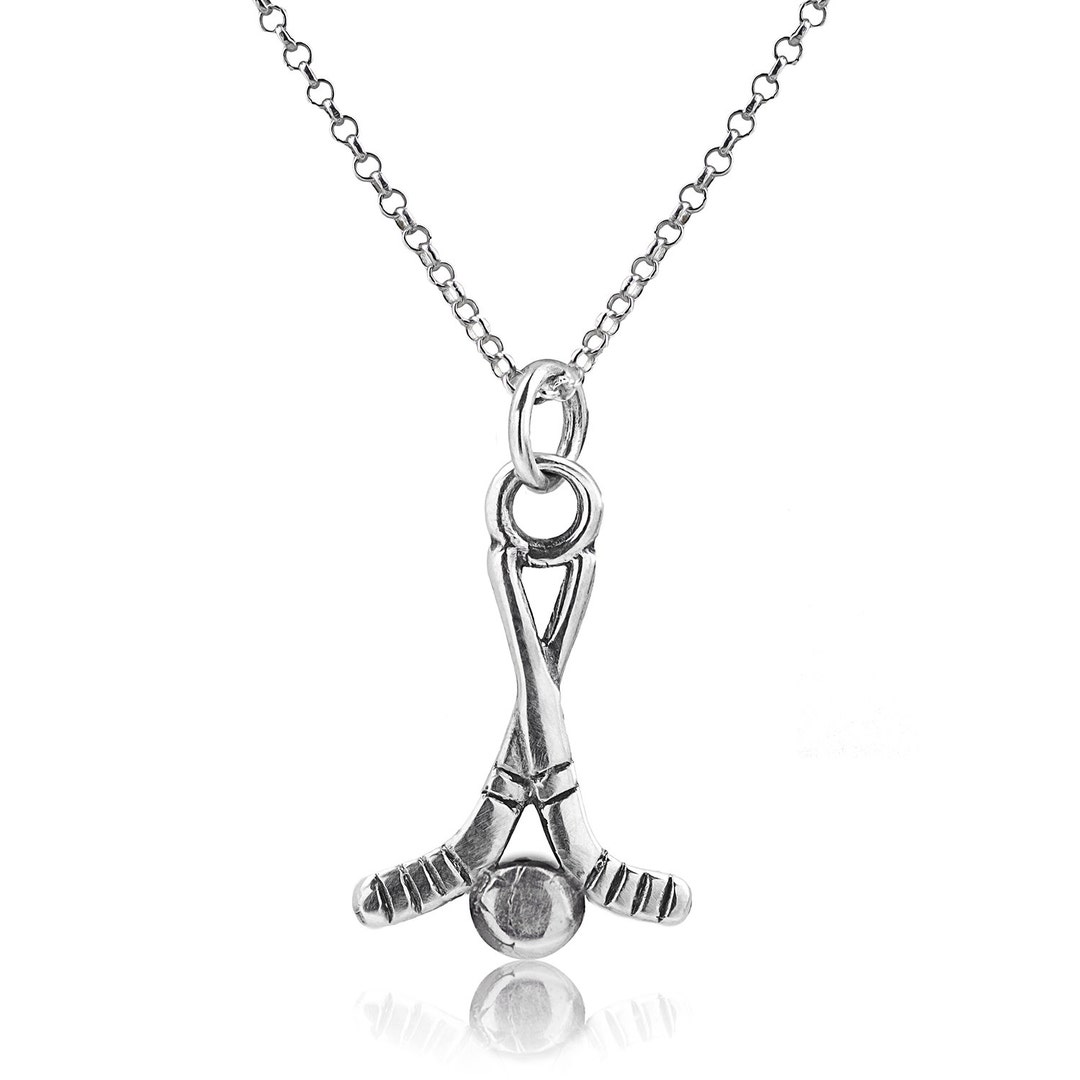 925 Sterling Silver Ice Hockey Sticks and Puck Winter Sports Pendant Necklace, 16