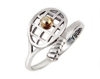 Anel de raquete de tênis em prata, joia de tênis, presente para tenista, bola de tênis em ouro 14K, presente para ela, presente para tenista, presente para mãe de tenista