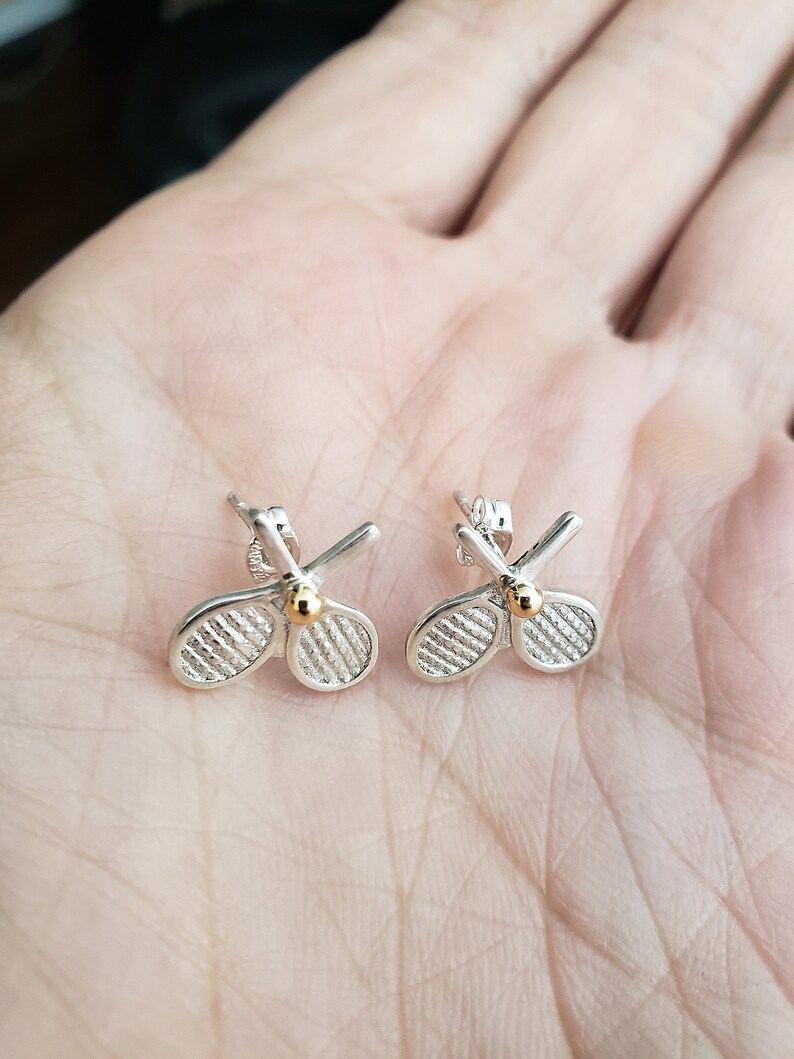 Double Racquet Silver Stud Earrings 14K Gold Tennis Ball Etsy