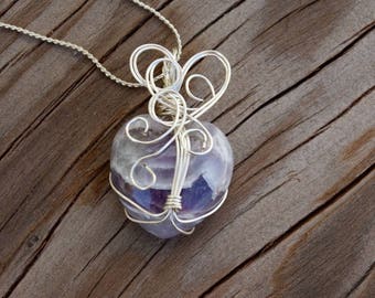 Amethyst Heart Pendant Necklace, Unique Wire Wrapped Sterling Silver