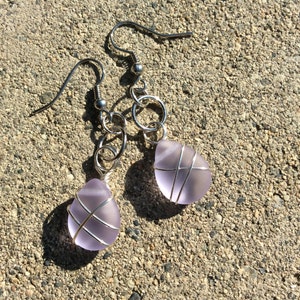 Teardrop Frosted Glass Earrings/Wire Wrapped Jewelry/Frosted Teardrop Glass/Alexandrite Lavender Glass/Handmade and Unique/Teardrop Earrings