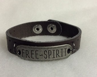 Free Spirit Leather Bracelet, Stamped Silver, Handmade Jewelry